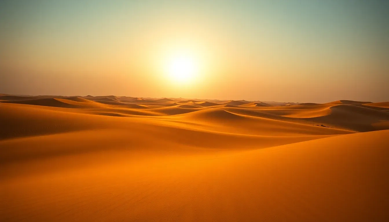 “Golden sand dunes of the Sahara sculpted by wind, rippling shadows at sunset, low-angle perspective, cinematic color grade, photographic”