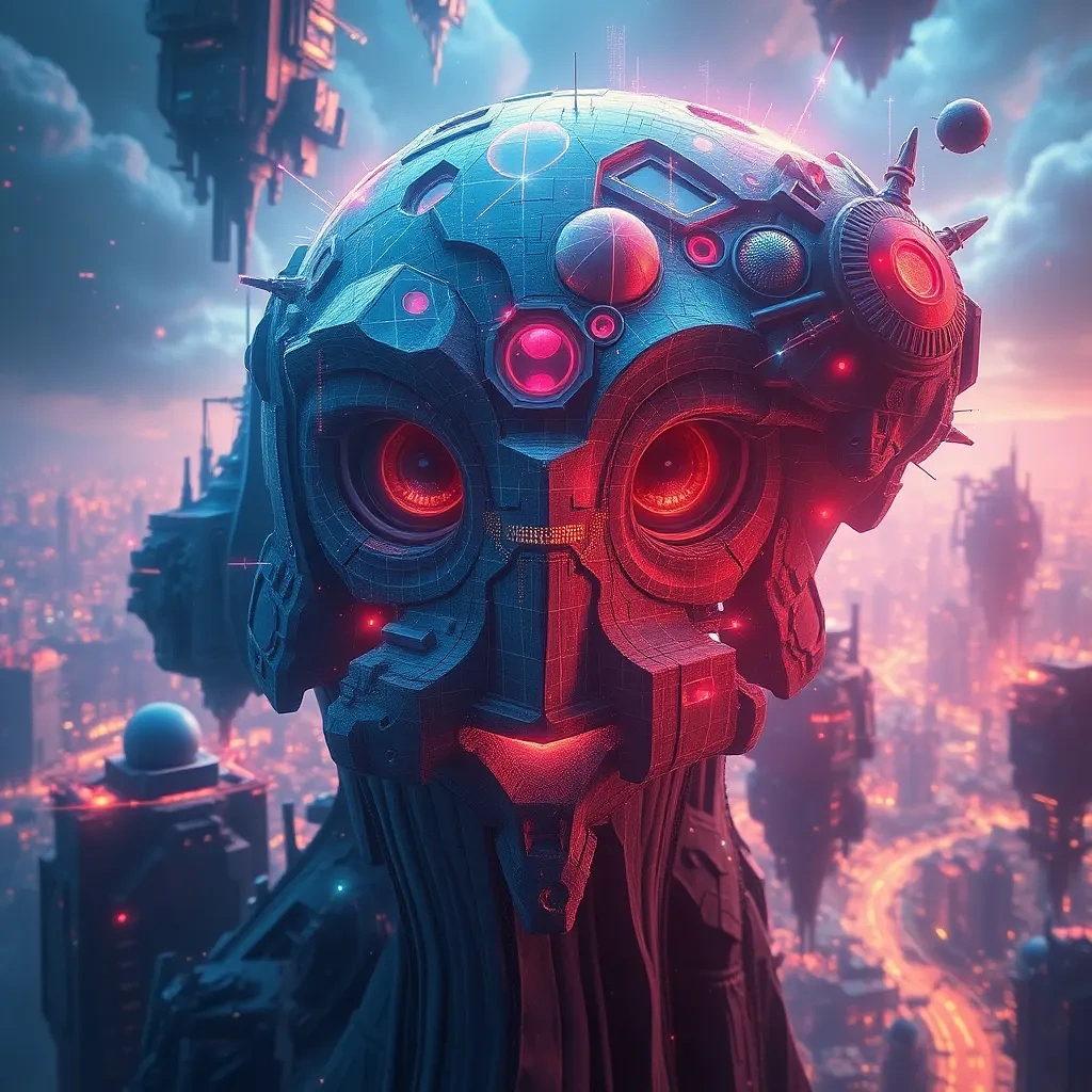 “Neural network dreamscape of floating cities” – glitch accents, iridescent color shift, abstract geometry