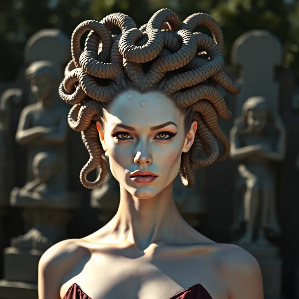 Medusa as a high-fashion icon, serpents braided into an avant-garde hairstyle, pale glowing skin, sharp shadows, stone statues behind her, editorial-style photography