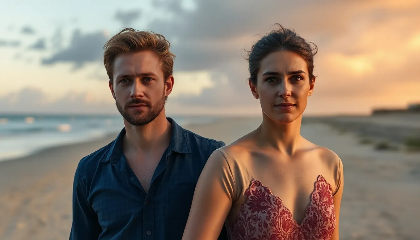 australian couple walking in the beach, full background view
