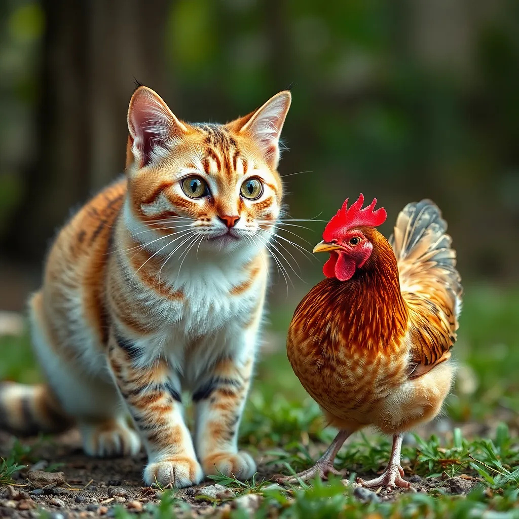 beautiful cat playing with a chiken