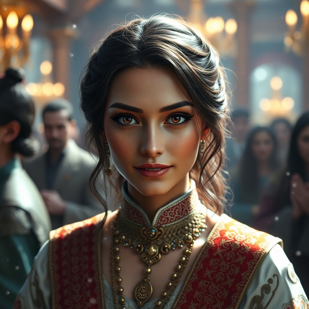 Woman with round face, 30 years old, light brown skin, dark brown hair, brown eyes, wearing Glorious clothes in her marriage ceremony and greeting gests