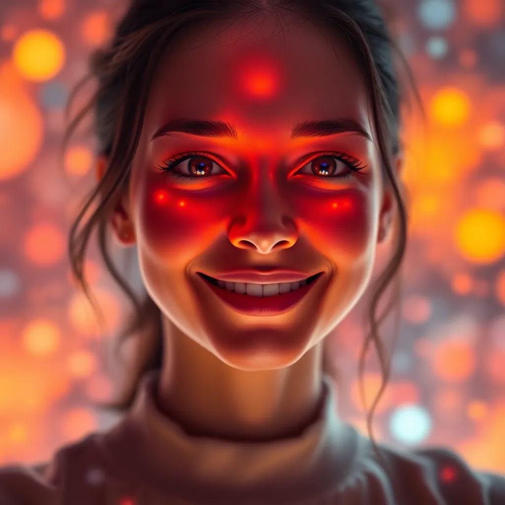 A glowing digital interface that reacts to facial expressions, adjusting colors and content live. The user's smile triggers soft lighting and soothing animations — stylized in a surreal, dreamlike art style with warm tones and soft blur."