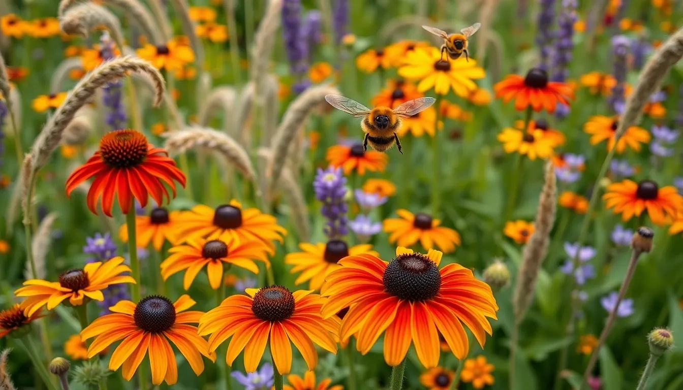 “Pollinator paradise: mixed bed of coneflowers, black-eyed Susans, purple verbena, ornamental grasses, and buzzing bees mid-flight, high-key macro details, photographic”
