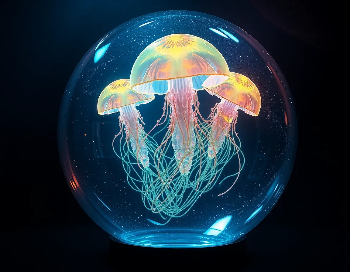 “Holographic jellyfish ballet inside a glass sphere” – photoreal 3D, caustic light play