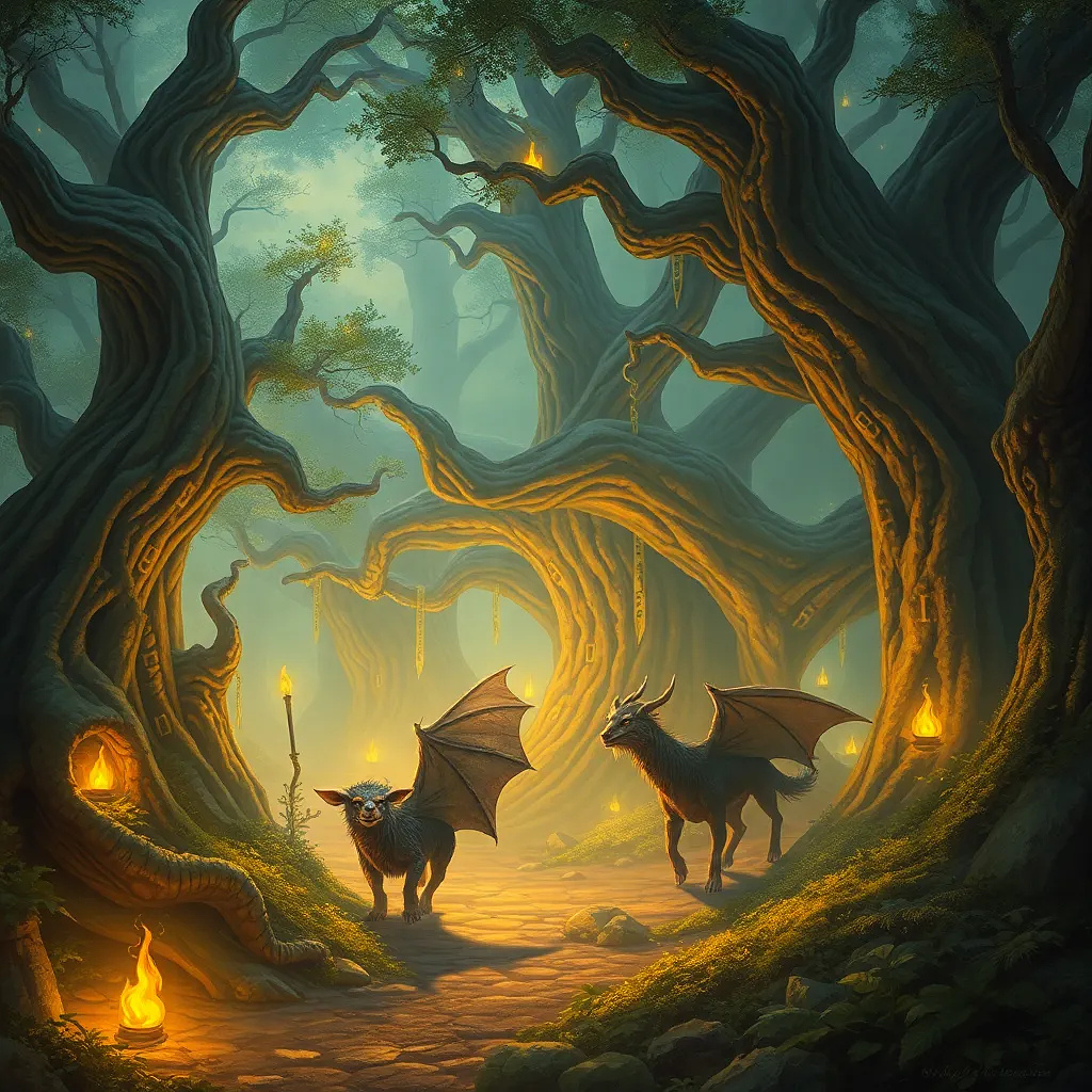An enchanted forest glowing with magical light, mythical creatures wandering, ancient trees with glowing runes, fantasy art with dramatic lighting.