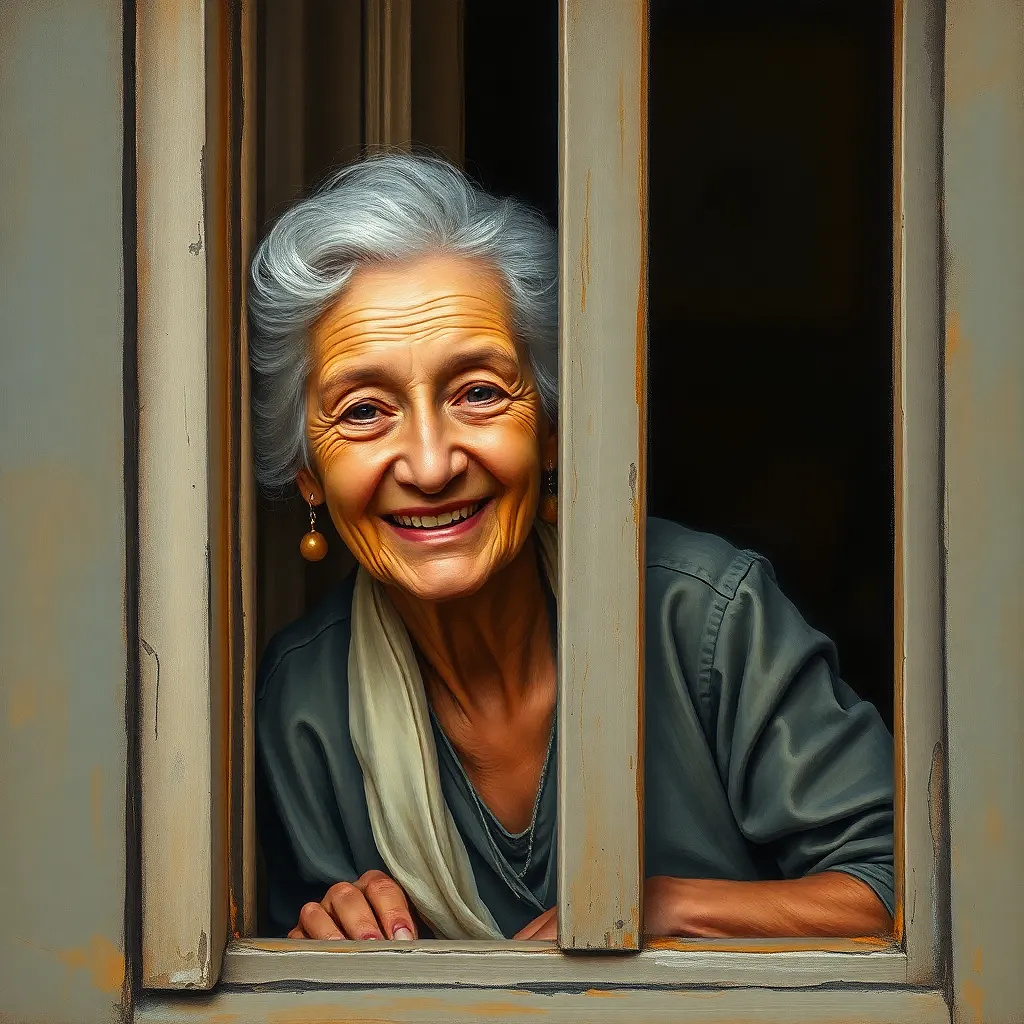 Old woman smiling in the window of first floor, oil painting