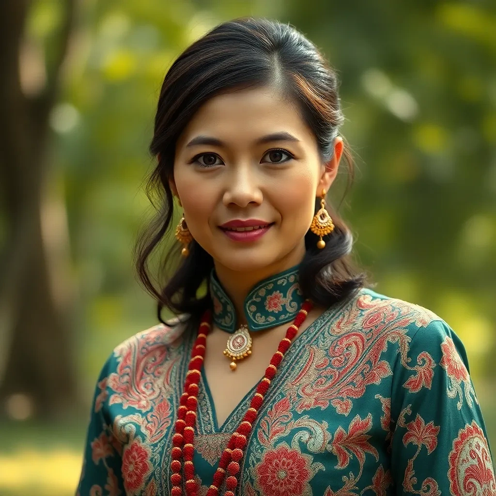 Woman with round face, 35 years old, light brown skin, dark brown hair, brown eyes, wearing Glorious clothes in her marriage ceremony, full body