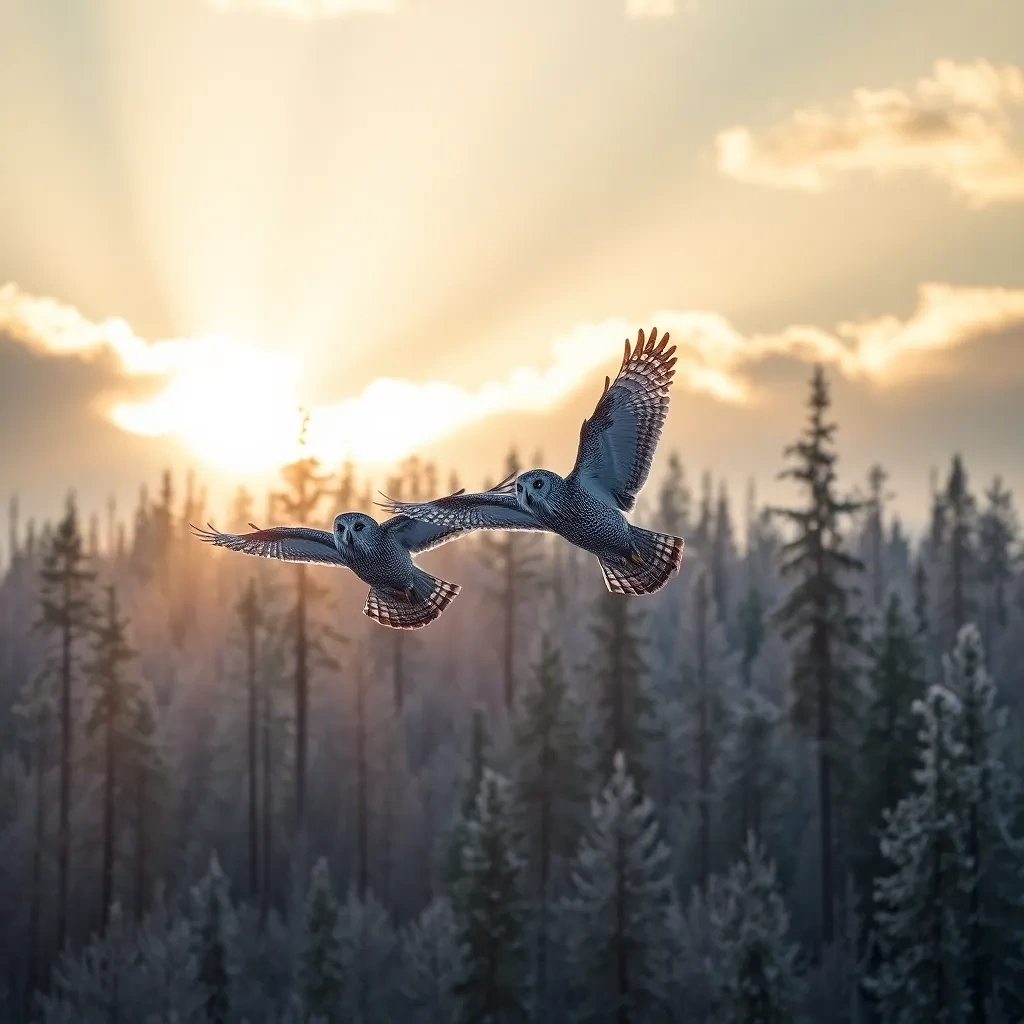 “Great grey owls gliding low over frost-sparkling boreal forest clearing, sunrise ray columns slicing through trees, photographic, panoramic view”