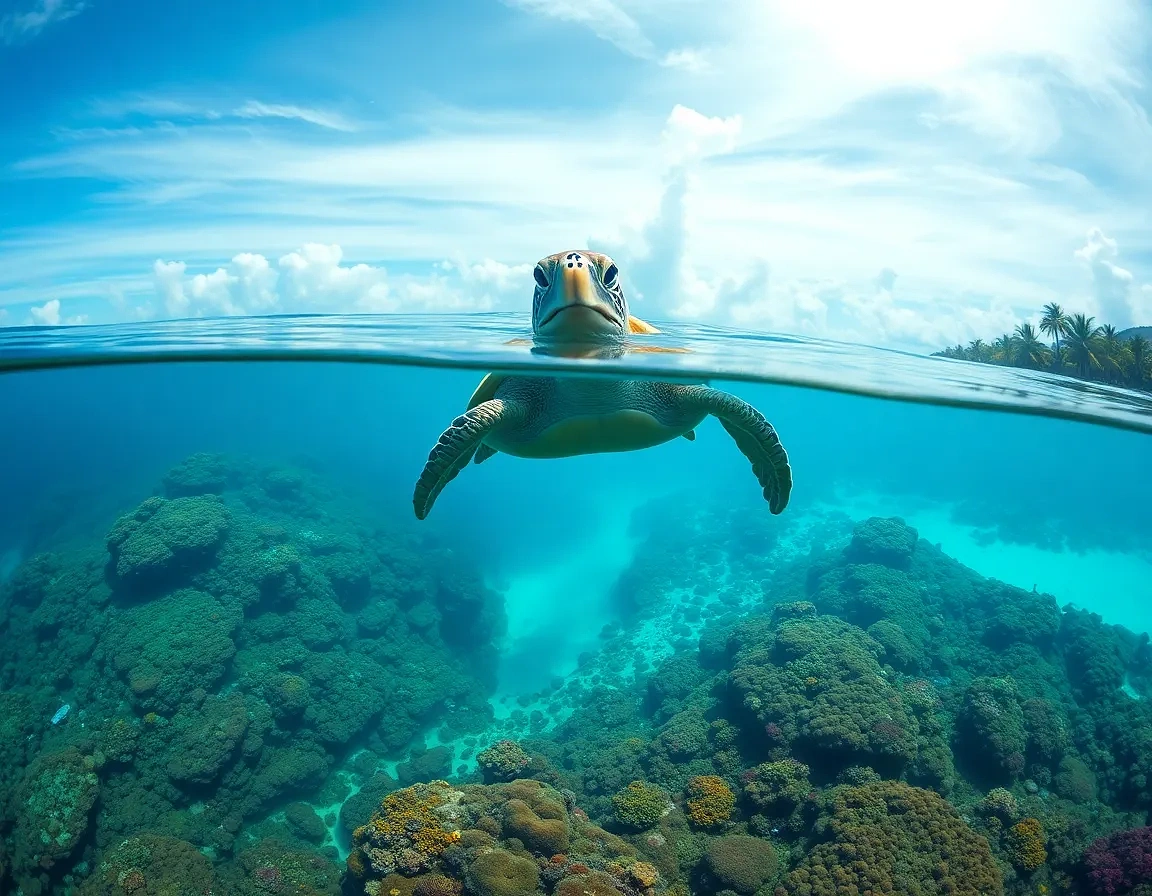 “Leatherback sea turtle gliding over technicolor coral reef drop-off, split-level half-underwater frame showing turquoise lagoon and palm-lined shore, photographic, panoramic view”