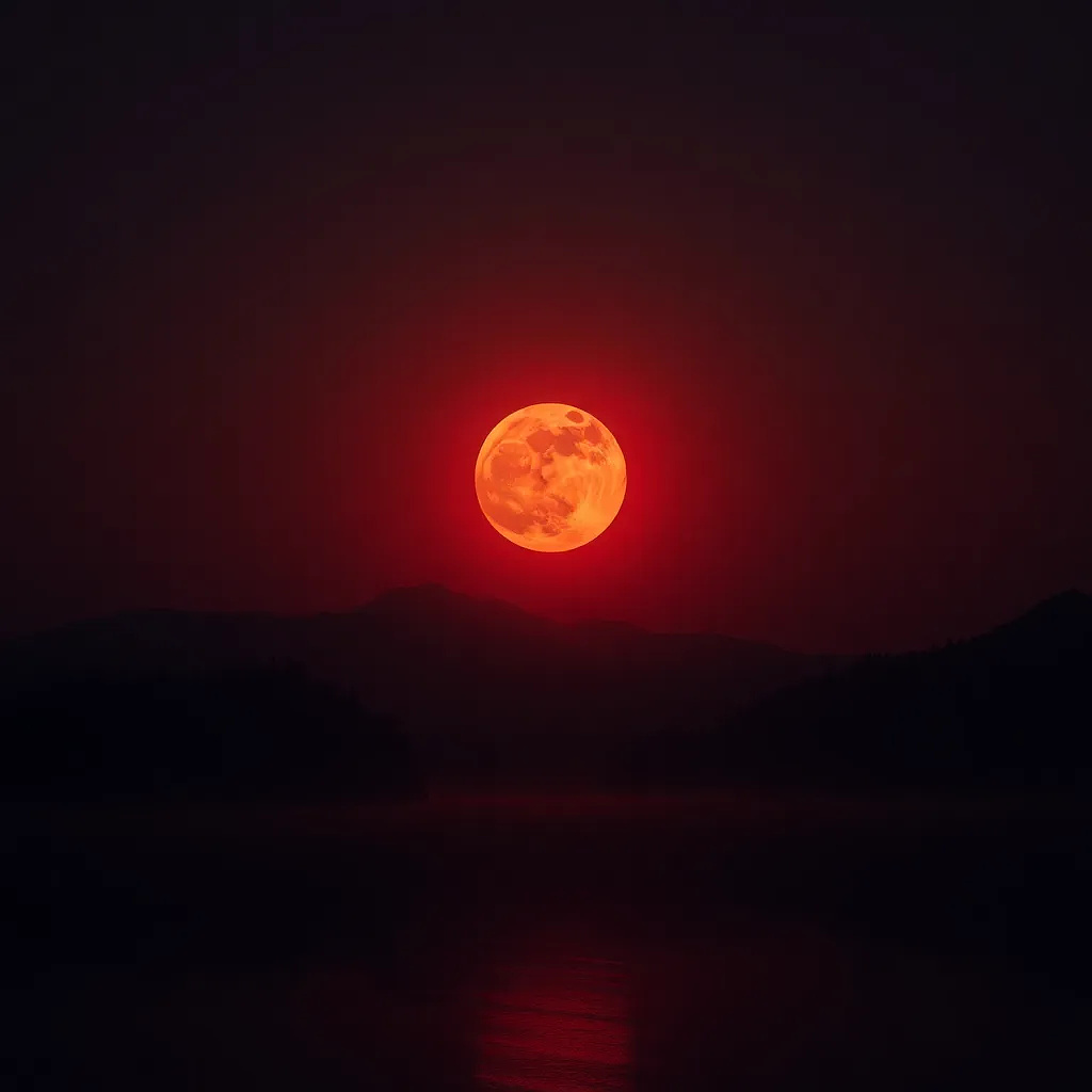 Create an abstract blood moon in the sky, with lighting that casts shadows over a lake.