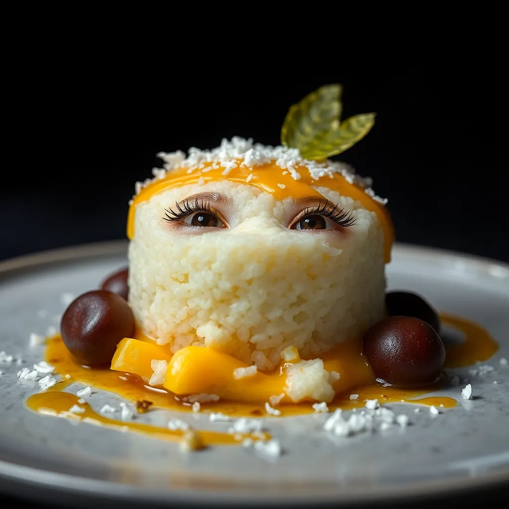 “Thai mango sticky rice plated as a minimalist fine-dining dessert, glossy coconut drizzle, edible gold leaf accent, dark moody backdrop, cinematic”