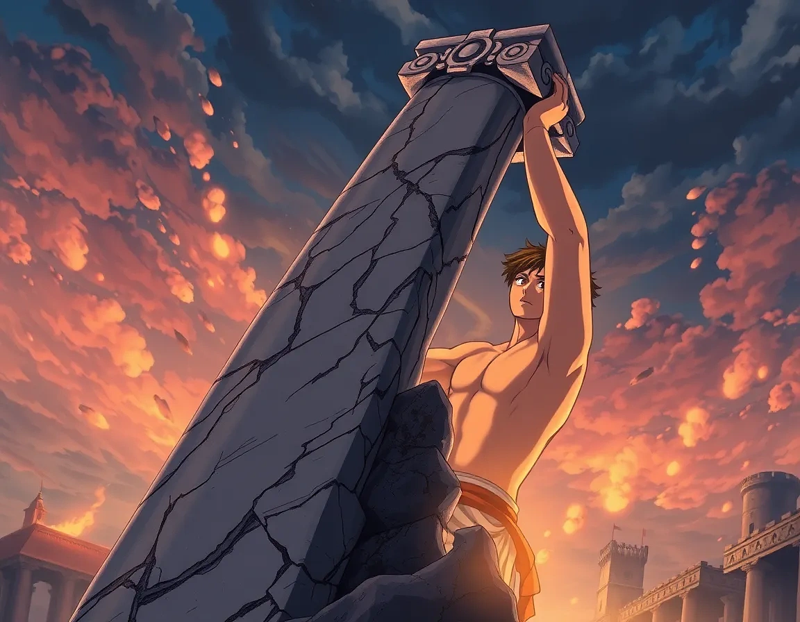 “Hercules lifting a crumbling marble column to save townsfolk, embers drifting, storm clouds above, raw heroic strength”