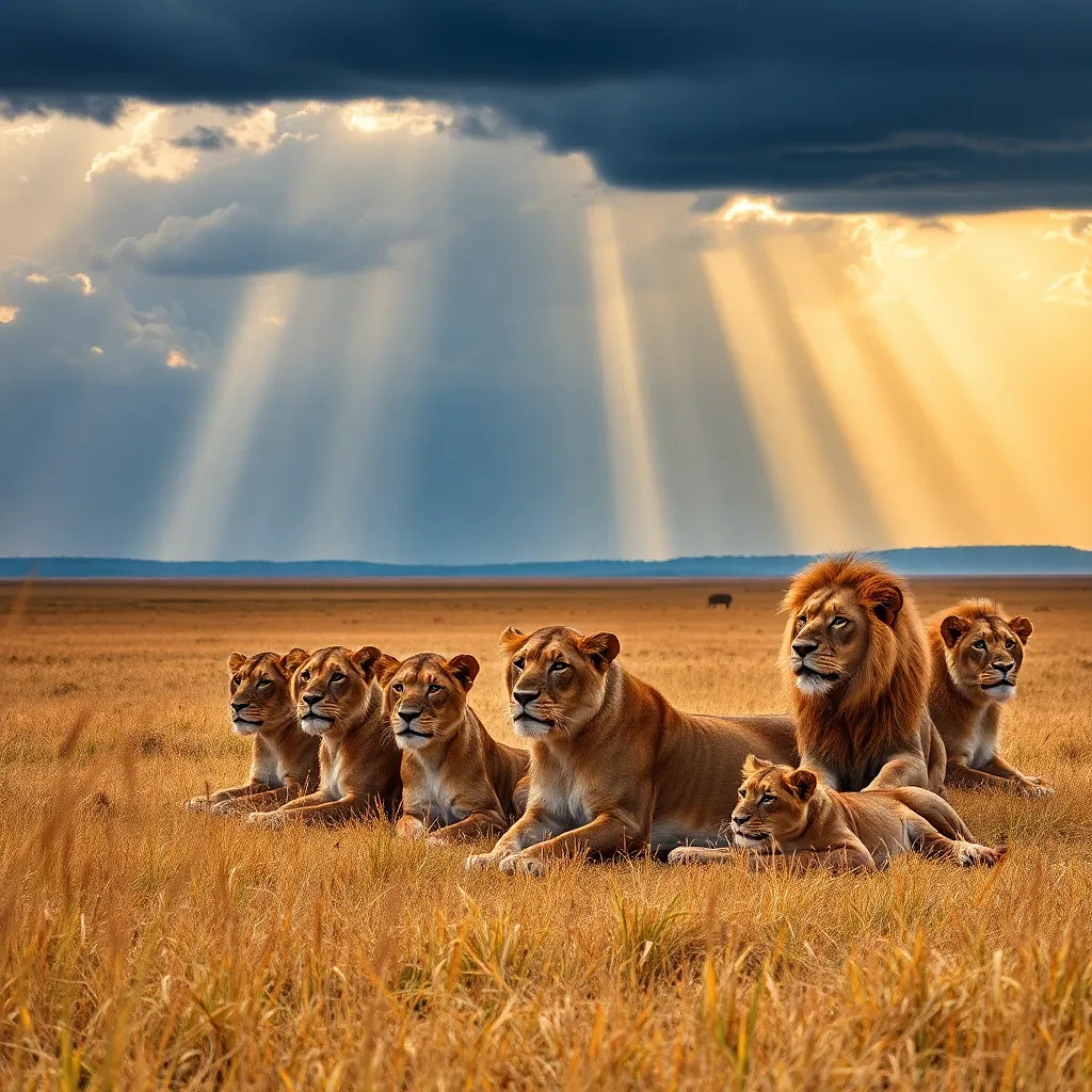 “Pride of lions resting on golden Serengeti plain beneath thunderheads, rain shafts in far distance creating dramatic contrast, cinematic color grade, photographic, panoramic view”