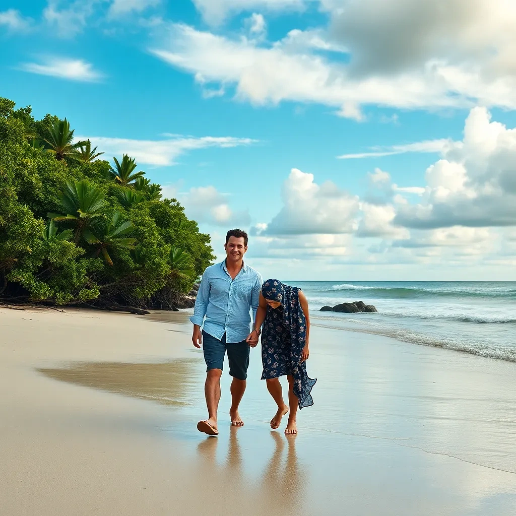 australian couple walking in the beach