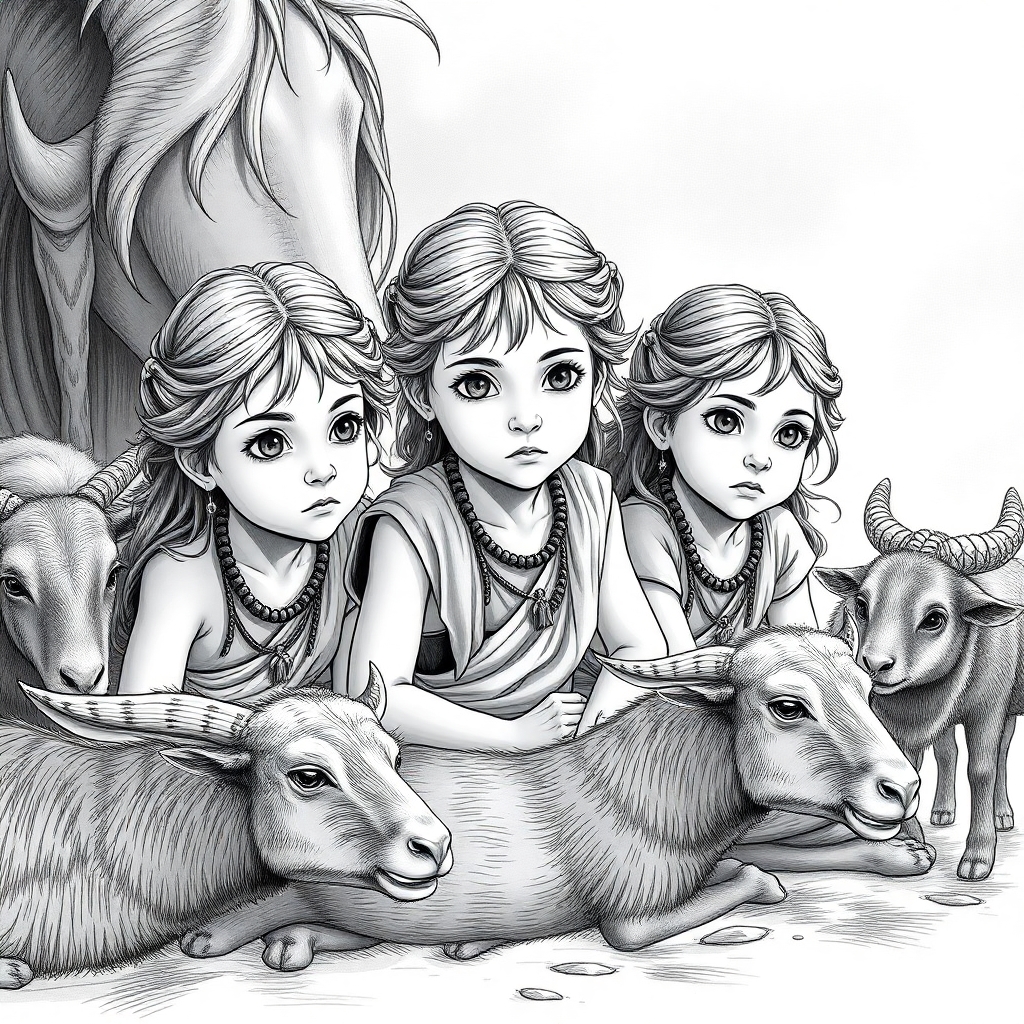 3 Little girls playing in the year 500 BC, realistic, domestic animals around the 3 girls