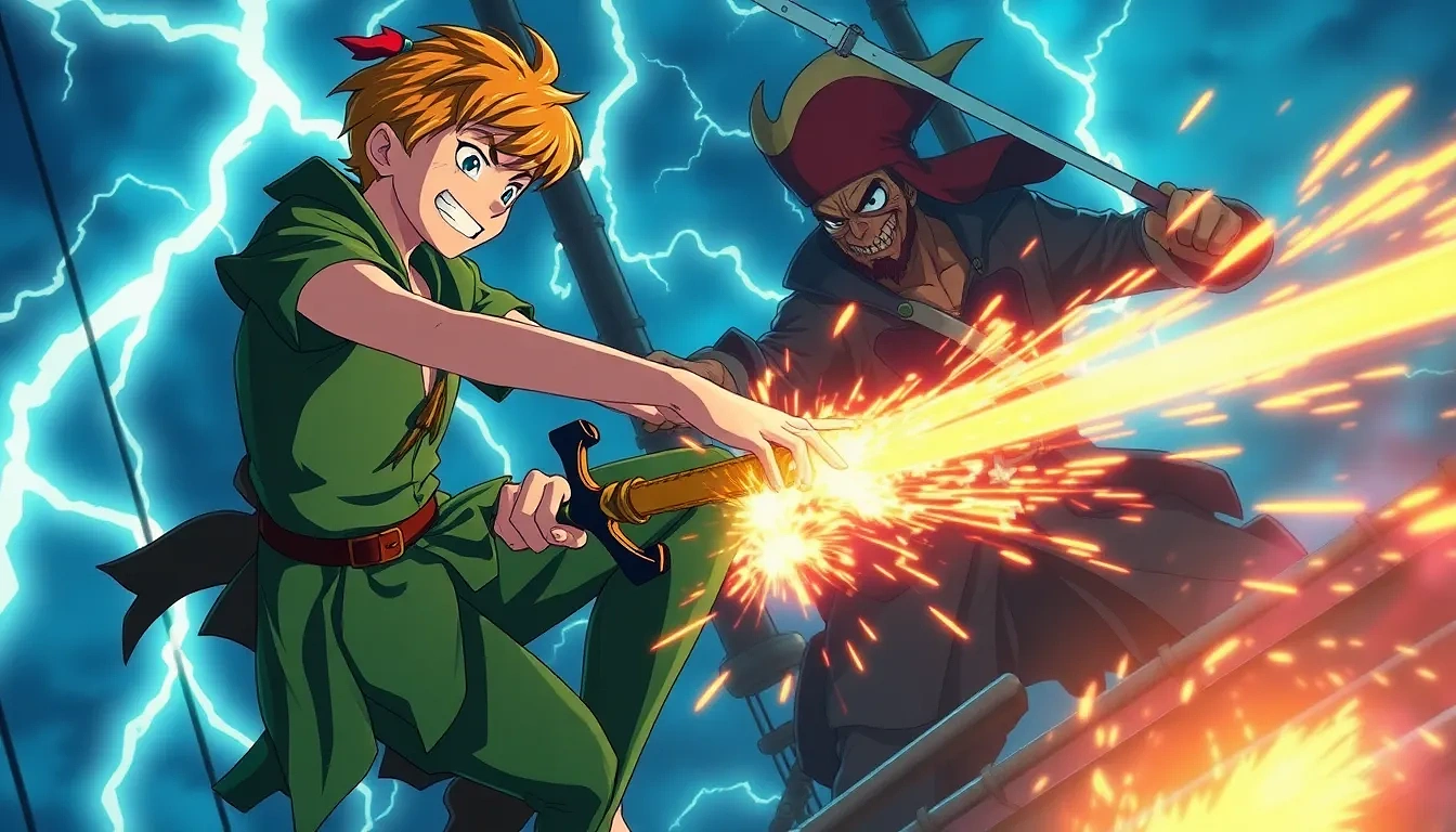 “Peter Pan dueling Captain Hook on a masttop during a lightning storm, blades clashing with sparks, bold grin vs. snarling rage”