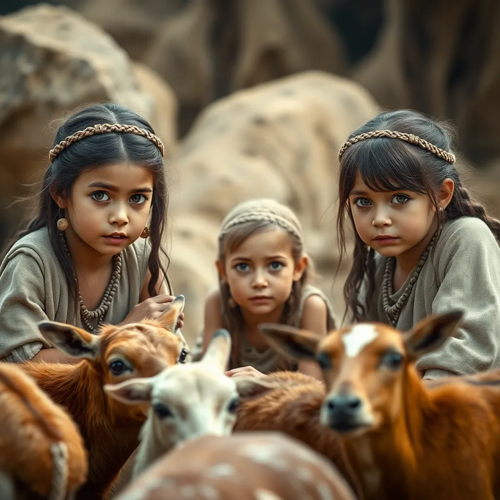 3 Little girls playing in the year 500 BC, realistic, domestic animals around the 3 girls