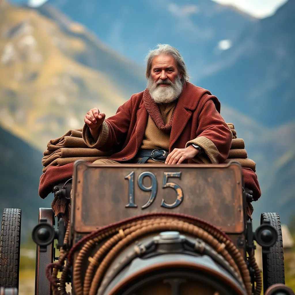 Old man riding ancient car in mountains in the year 1775