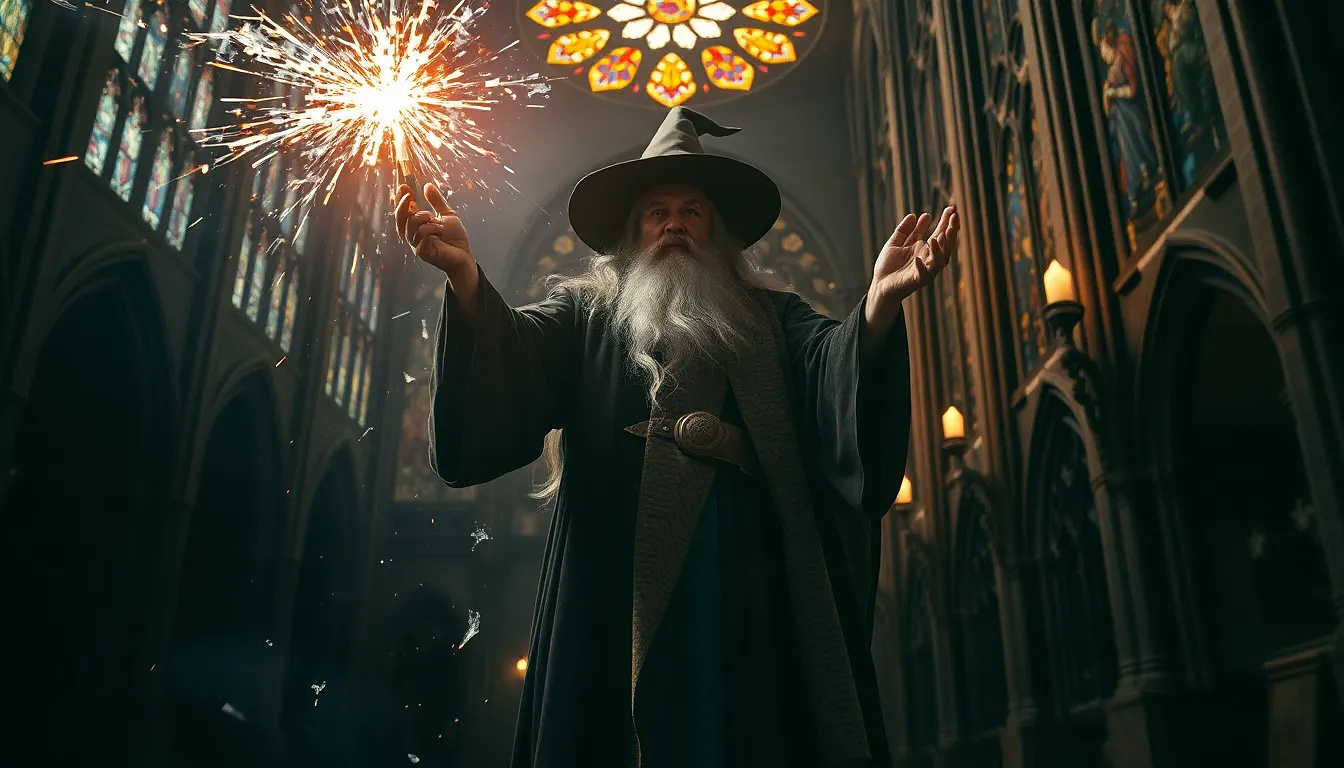 Wizard summoning a storm inside a cathedral, stained glass shattering outward in slow motion, divine energy crackling.