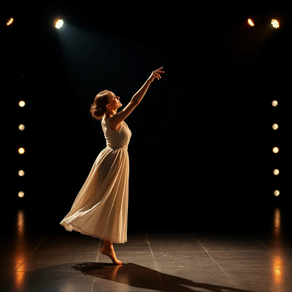 Dancer reaching for their partner’s hand mid-performance, stage lights casting dramatic shadows, frozen in emotion.