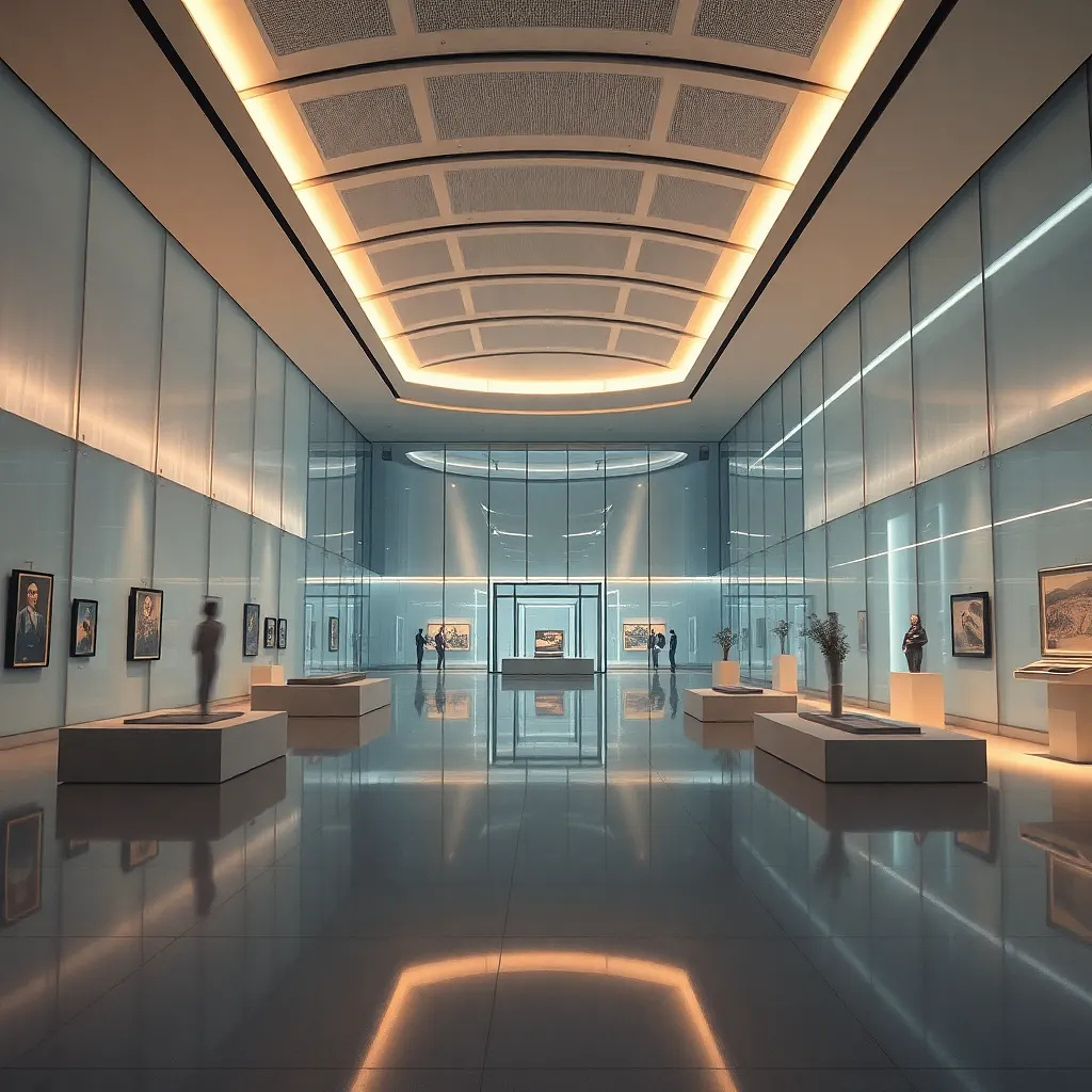 A futuristic art museum interior, ultra-detailed, glowing ambient lights, sleek architecture with glass walls, calm atmosphere, soft pastel tones, in a cinematic style