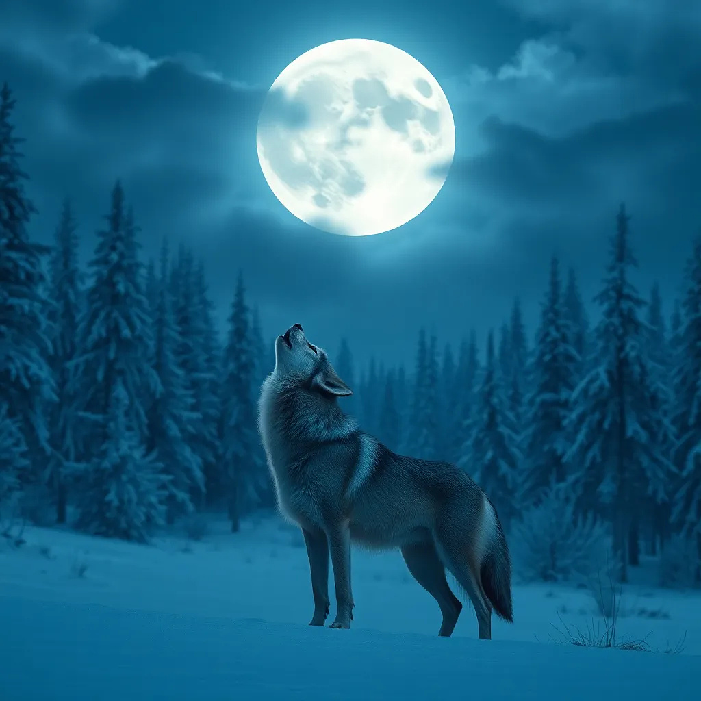 A solitary wolf howling under a full moon, snowy forest landscape, ethereal blue tones.