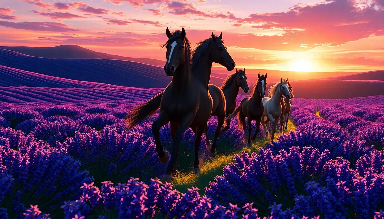 “Wild horses galloping across rolling lavender fields in Provence, long shadows, sun just kissing horizon, motion blur on hooves, photographic, panoramic view”