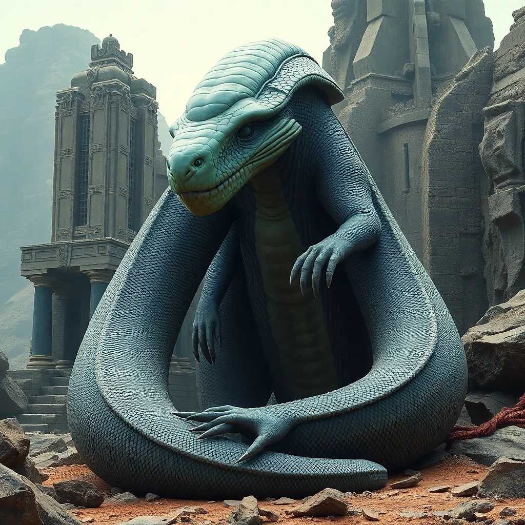 A colossal, serpentine alien wrapped around a ruined alien temple, its scales shifting colors like a chameleon, epic scale.