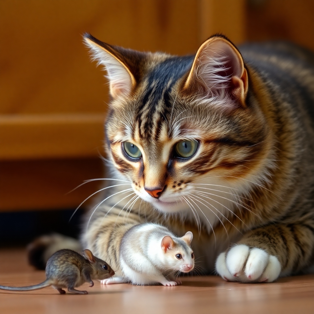 beautiful cat playing with a mouse