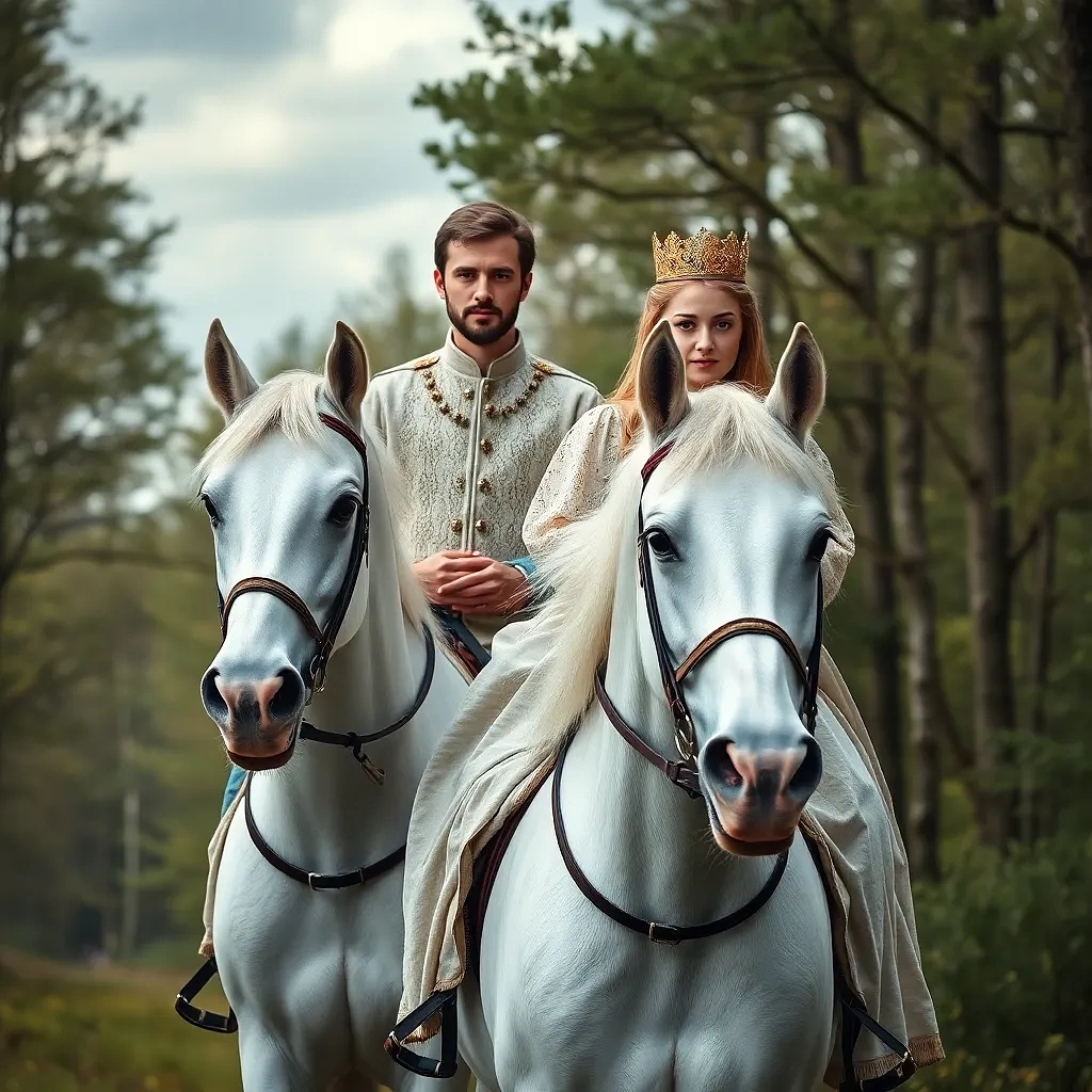 Prince and princess of Ukraine in the year 1718, riding 2 white horses in the forest