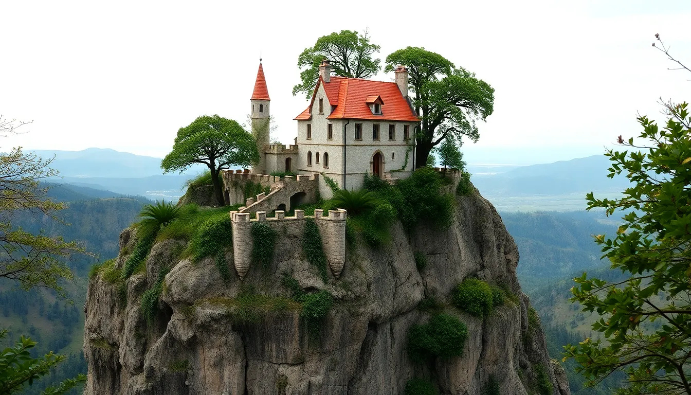 A fairytale castle perched atop a dramatic cliff face.  The castle, with terracotta-colored roofs and light gray stone walls, has two small, pointed towers.  Trees, lush and full of foliage, grow from the cliff's edge and around the castle's perimeter.  The cliff face is rugged and uneven, with rocky outcroppings and cascading plant life that seem to hang from the edge.  The cliff extends outward over a valley, with distant hills and a pale sky visible beyond. The lighting suggests a serene, daytime atmosphere with soft, diffused light.  The overall composition is symmetrical with the castle centered on the cliff, showcasing a sense of otherworldly beauty and fantasy.  The perspective is a slightly high angle, looking down on the castle and cliff, emphasizing its precarious position.  The colors are muted and harmonious, with shades of gray, brown, green, and terracotta.  The style is artistic and evocative of a fantasy landscape, blending realistic elements with a touch of whimsy.
