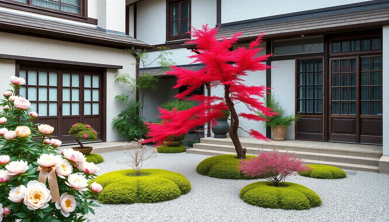 “Japanese townhouse courtyard showcasing peonies, chrysanthemum bonsai, dwarf maple in fiery red, and ground-cover moss islands trimmed to perfection, photographic”