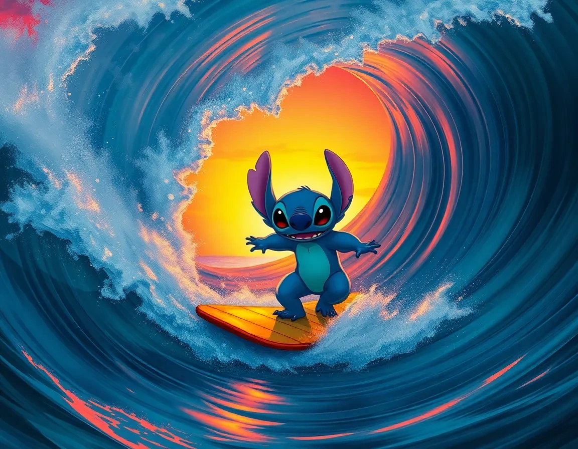 “Stitch surfing a massive Hawaiian barrel wave, neon sunset backdrop, water spray frozen mid-air, mischievous delight”