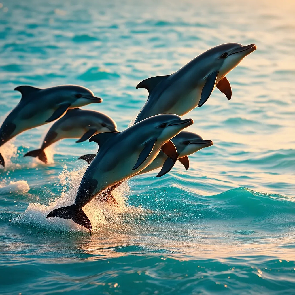 A pod of dolphins leaping over turquoise ocean waves at golden hour.