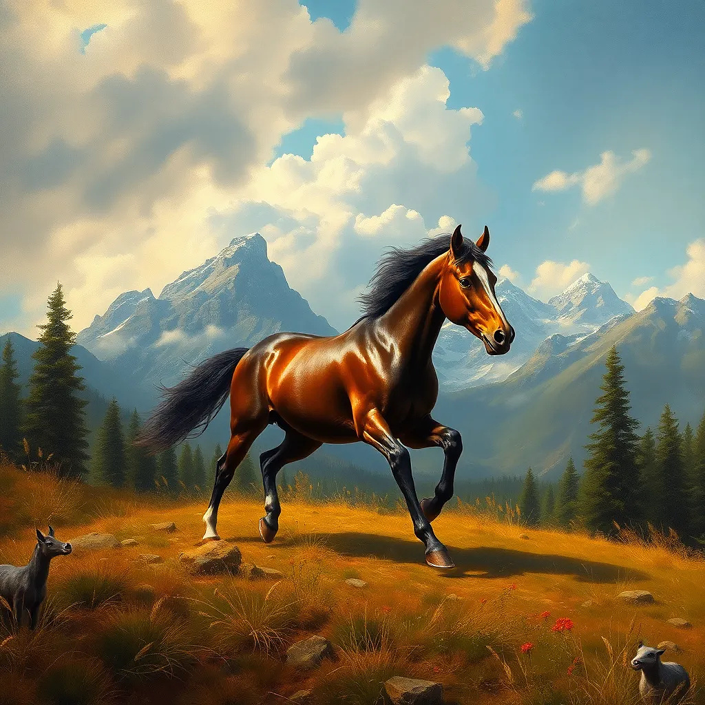 Horse running in moutains and forest, oil painting