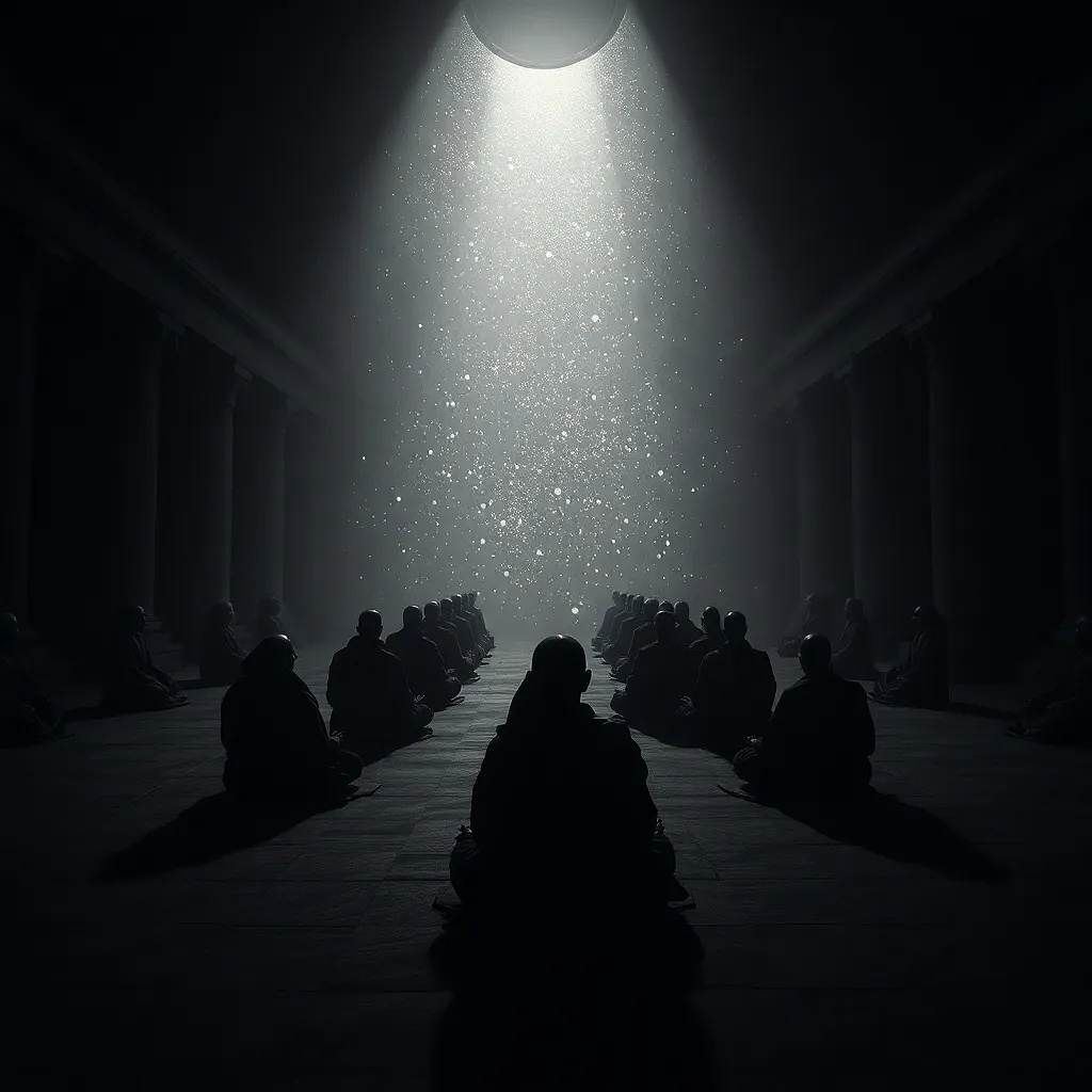 A temple of shadows: monochrome monks meditate in a void, their breath weaving constellations that flicker like old film reels.