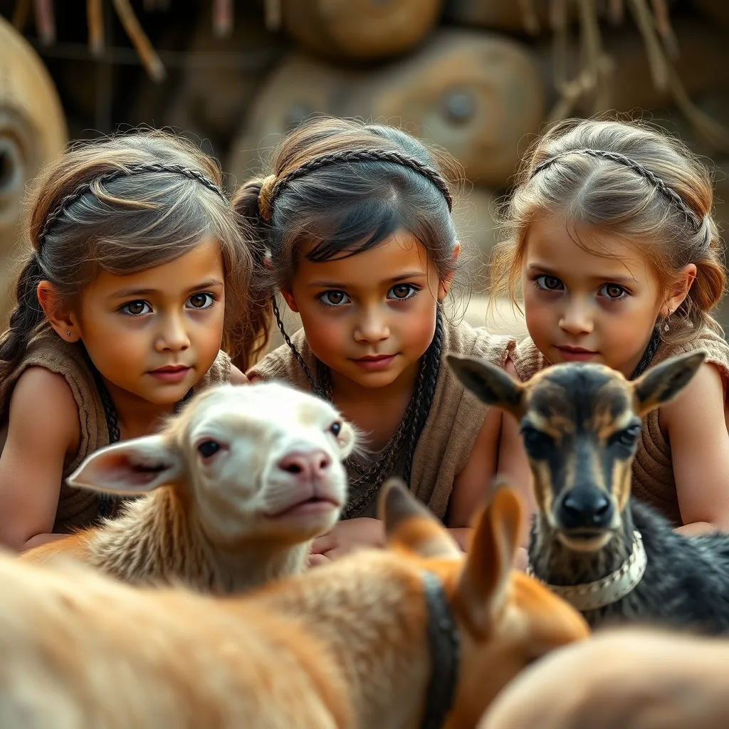 3 Little girls playing in the year 500 BC, realistic, domestic animals around the 3 girls